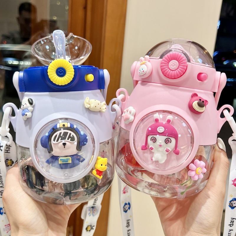 儿童萌趣大肚杯水杯上学专用可爱夏天幼儿园塑料吸管杯大肚杯女孩小学生杯子