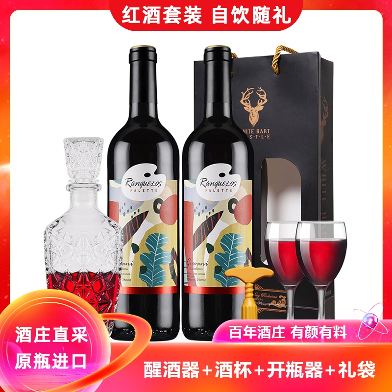 送醒酒器+酒杯+开瓶器 西班牙原瓶进口萨洛德梦干红葡萄酒750ml*2瓶红酒