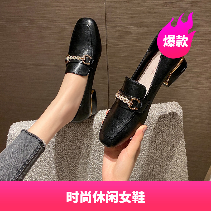 ZHR新款方头中跟单鞋女软底粗跟英伦一脚蹬小皮鞋女鞋成人皮鞋