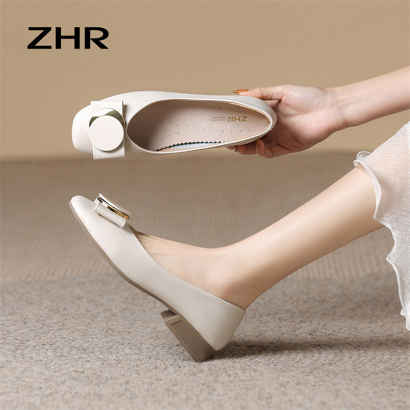 【ZHR】舒适单鞋几何饰扣一脚蹬气质圆头平底浅口单韩版休闲女鞋AH306