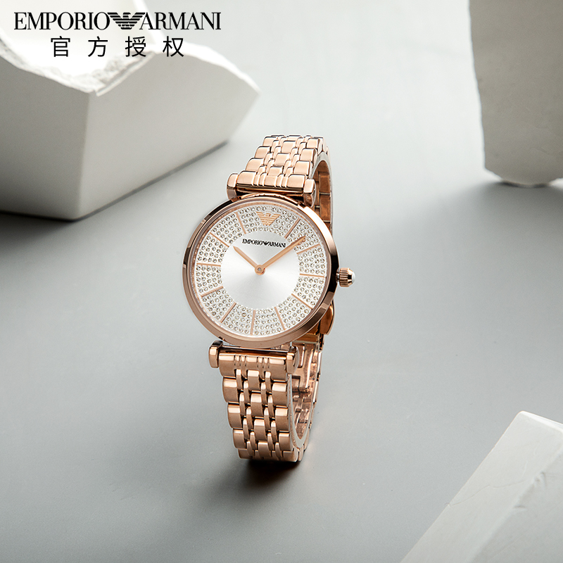 新品Armani阿玛尼手表女士新款满天星镶钻气质玫瑰金钢带时尚正品女表AR11446