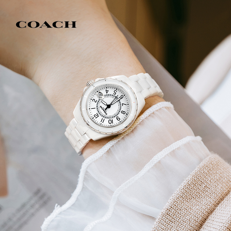 【机芯质保2年】COACH/蔻驰 PRESTON系列数字指针双显式陶瓷石英手表日历款女士手表七夕情人节礼物
