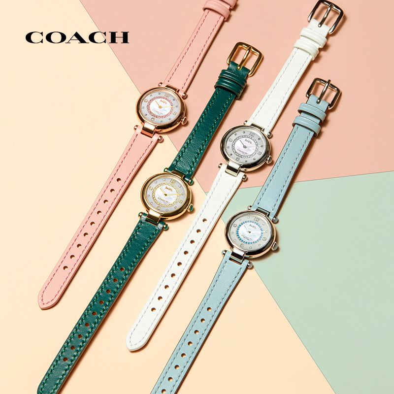 【机芯质保2年】COACH/蔻驰CARY系列小牛皮表带欧美女士腕表 镶钻七夕情人节礼物女表
