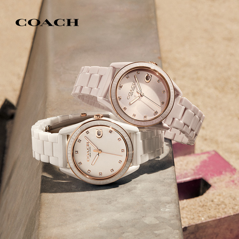 【机芯质保2年】COACH/蔻驰 PRESTON系列经典日历窗陶瓷表带设计石英女士手表七夕情人节礼物