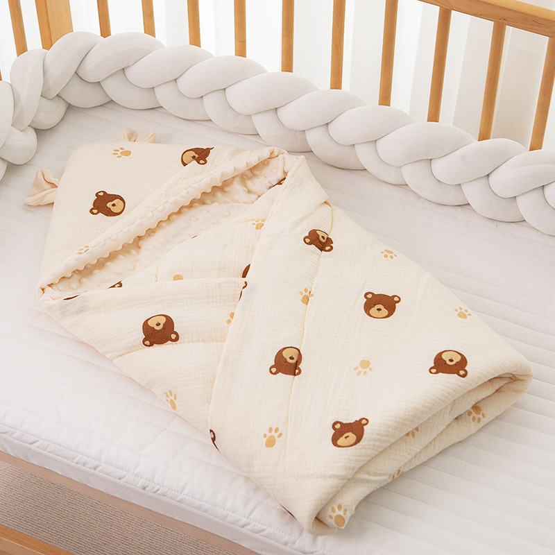 丽岩 婴幼儿纱布夹棉抱被豆豆绒四季包被新生儿产房宝宝春秋外出抱毯90*90cm包邮