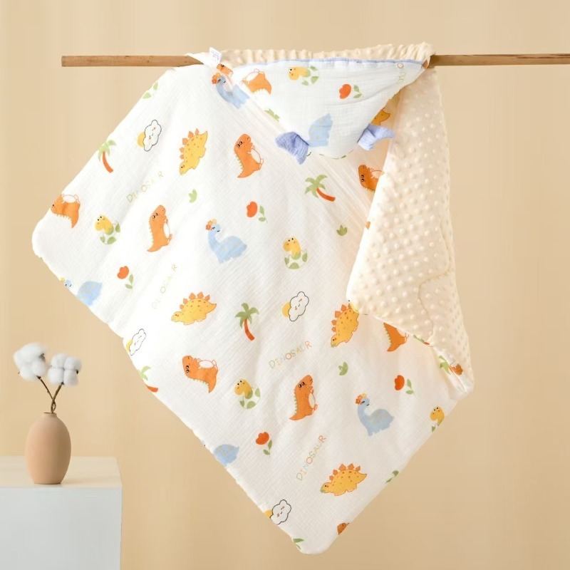 丽岩 a类婴幼儿纱布夹棉抱被豆豆绒包被新生儿产房宝宝春秋冬季外出抱毯90*90cm