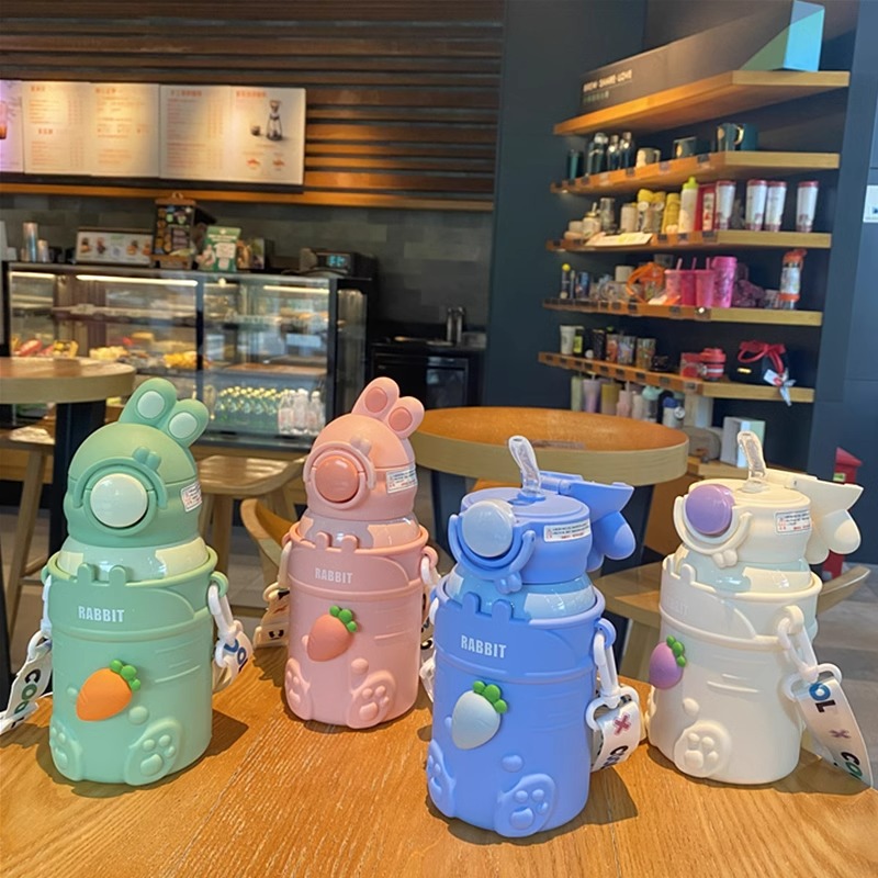 yoyo兔儿童316保温杯食品级带吸管男女卡通小学生高颜值便携水壶公仔不锈钢保温壶500ml