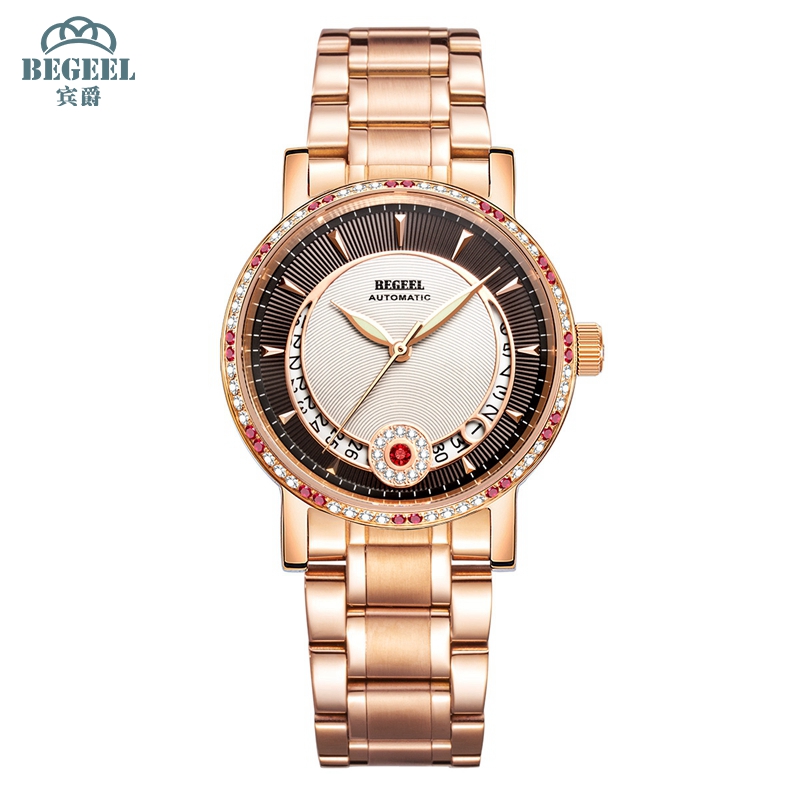 BEGEEL宾爵红月环女士红宝石进口全自动机械手表女表腕表礼盒装正品女士手表皮带腕表