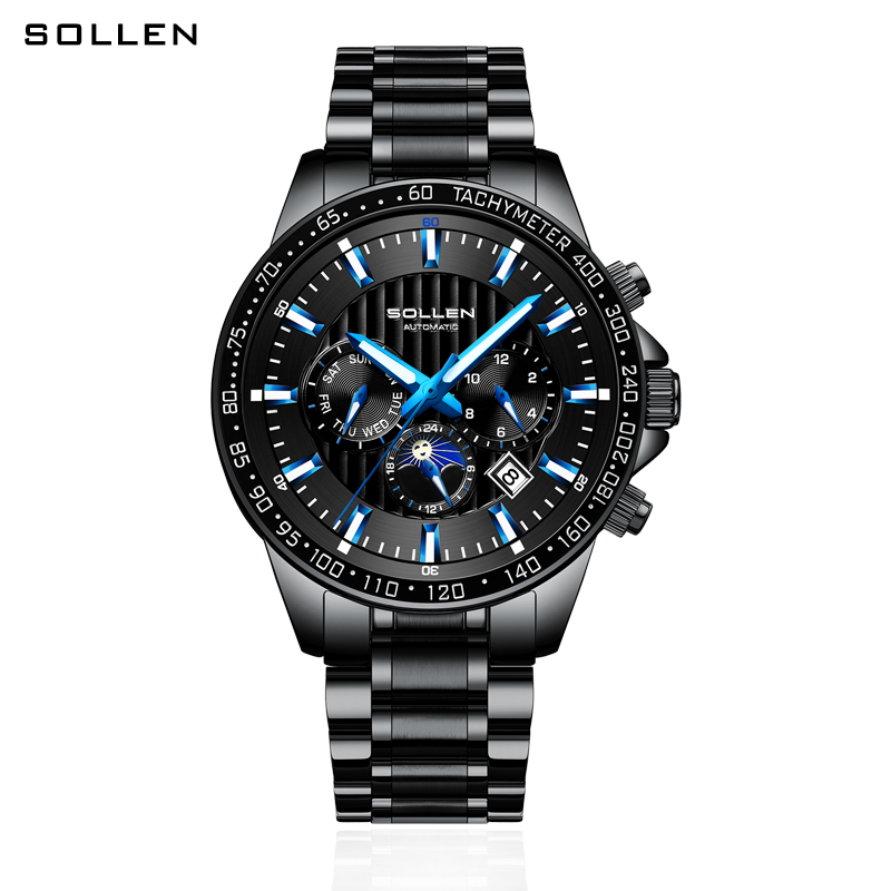 SOLLEN梭伦男士防水非机械全自动弧形机械表运动男士手表SL608