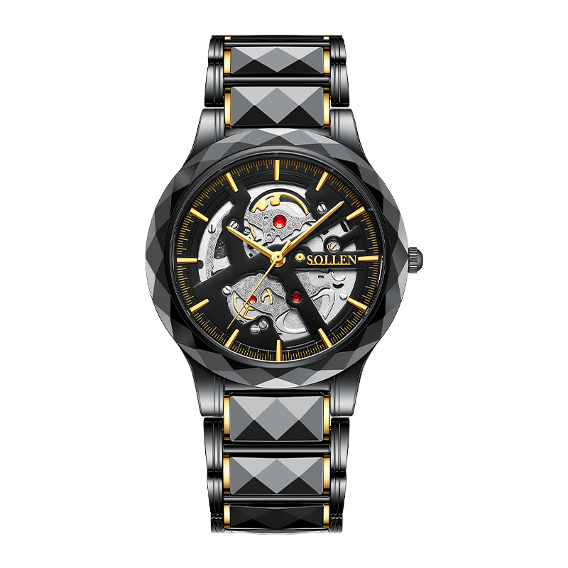 SOLLEN梭伦陶瓷钢带男士石英手表时尚 潮酷男款SL207