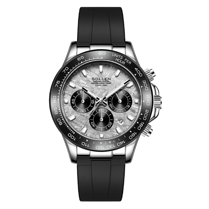 SOLEEN 梭伦防水日历石英手表 圆形真三眼硅胶商务男士运动手表SL-713