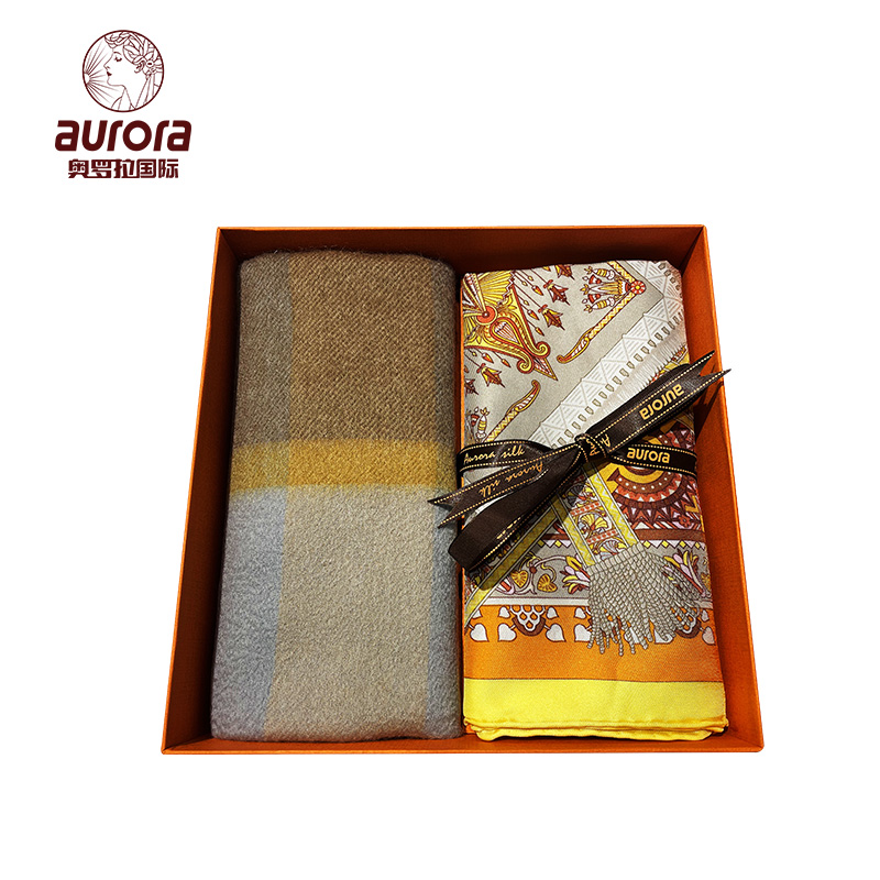 奥罗拉aurora昭华真丝大方巾+黄驼格羊绒围巾套装