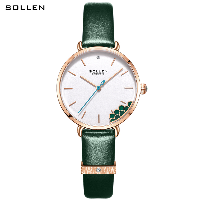 SOLLEN梭伦女士石英机芯手表女复古风圆盘皮带孔雀小绿表SL422